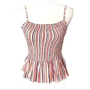 Angie Smocked Ruffled Peplum Hem Striped Tank Top. Size S NEW